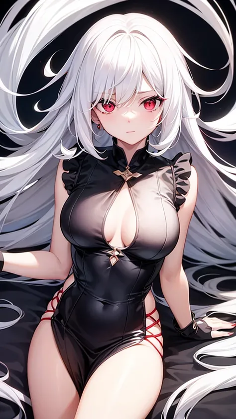 An anime-style girl with white hair and red eyes in a 