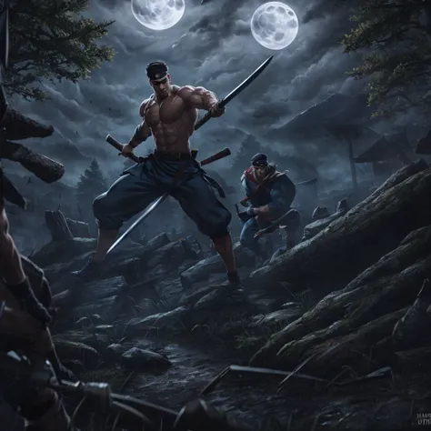 rafael (tartaruga ninja) brawny, defined, with swords(sai) in a gloomy forest, under the moonlight, ultrarealistic, 4k