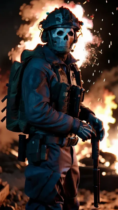 soldier, ghost, looking at the camera, fire in the background, explosion