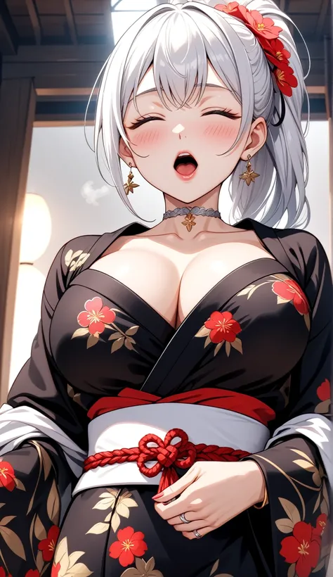 ((One personの女性)), Beautiful Face, Laughing embarrassedly, (laugh:1.2),((incoming kiss,closed eyes:1.9)), (head tilt:1.3), Laugh with your mouth wide open, upper teeth, ((breath:2.0)), looking at viewer,((undressing kimono:2.4)), (((full-face blush:1.6)),G...