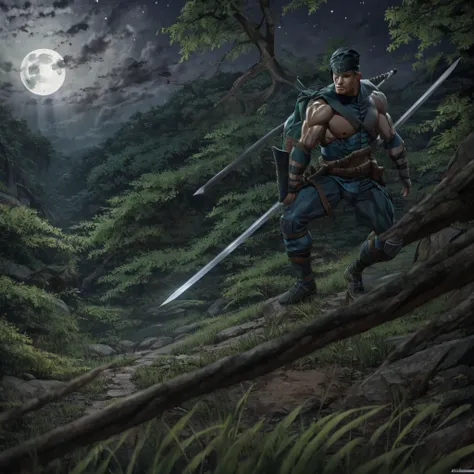 muscular ninja turtle, defined, with swords(sai) in a gloomy forest, under the moonlight, ultrarealistic, 4K