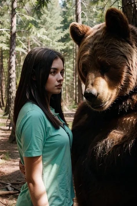 girl in the forest talking to a bear