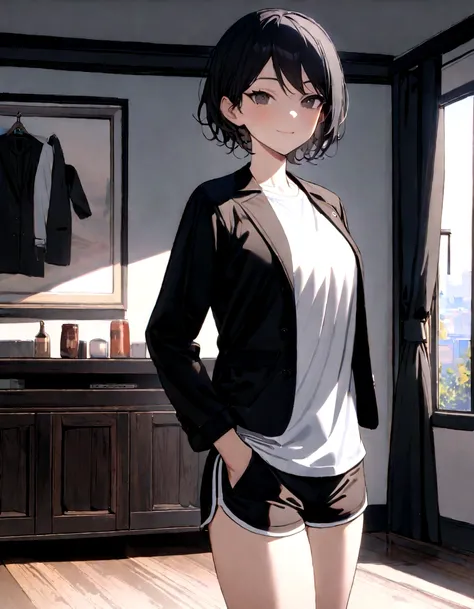 1 girl, tomboy, slim, beautiful, tall, attractive, ((short black hair))((black hair)), ((black eyes)), ((Girl wears: ((white shirt)), ((black jacket)), ((black gym short)))), ((living room)), looking at viewer, smiling warmly, hands in pocket, 8k, masterpi...