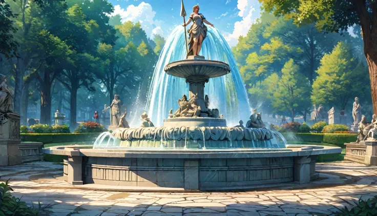  summer heat, anime aestetics, noon, park full of trees, big fountain in the center, greek style fountain, little rainbows, green and blue colors, perfect shadows, beauty of nature, stone roads, statue of goddes on the top of the fountain, (1 statue), stat...