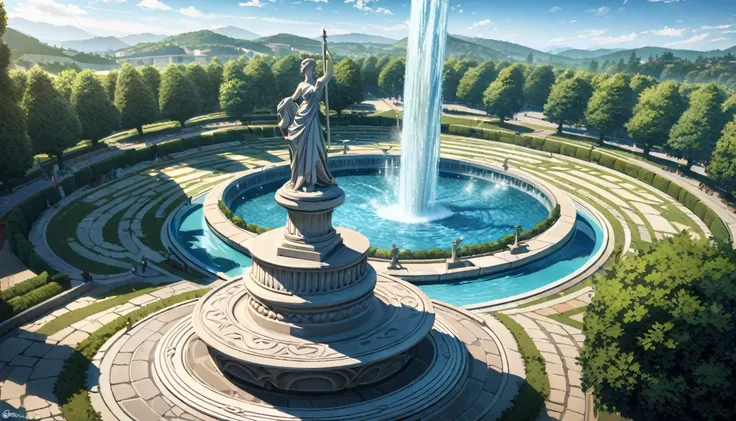  summer heat, anime aestetics, noon, park full of trees, big fountain in the center, greek style fountain, little rainbows, green and blue colors, perfect shadows, beauty of nature, stone roads, statue of goddes on the top of the fountain, (1 statue), stat...