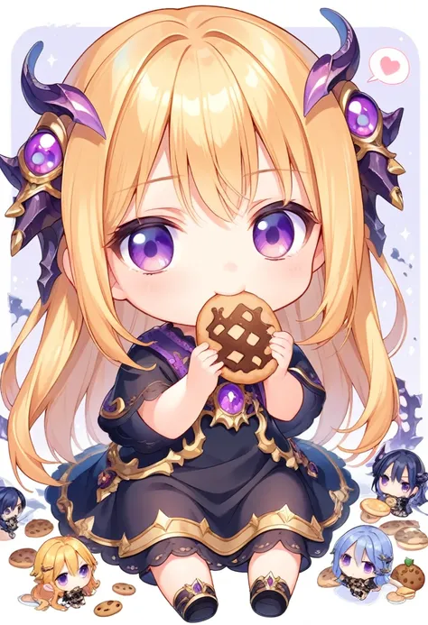 score_9, score_8_up, score_7_up, source_anime, (chibi), eating cookie, spoken heart, sitting, golden hair, dark purple eyes, black dress, fierce, abyss background, simple background