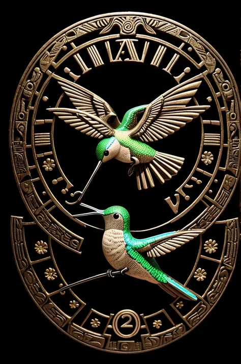 3d hummingbird with aztec calendar images in black background and fluorescent colors