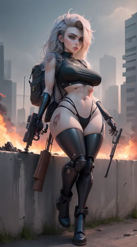 Sexy woman four large breasts athletic body robotic arms with blue neon details metal boots wearing a crop top a leg brace a backpack on her back holding a rifle scenery a cyber punk city an explosion of red blue smoke