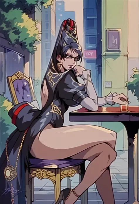 bayonetta, milf, in city, sitting on a chair