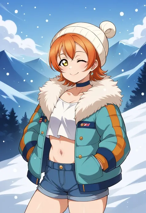 (Masterpiece, Best Quality, High Quality), Rin Hoshizora Love Live, orange hair, yellow eyes, cowboy shot,bangs, white beanie hat , crop top, jewelry, closed mouth, jacket, earrings, outdoors, sky, shorts, fur trim, cute choker, snow, snowing, mountain, fu...