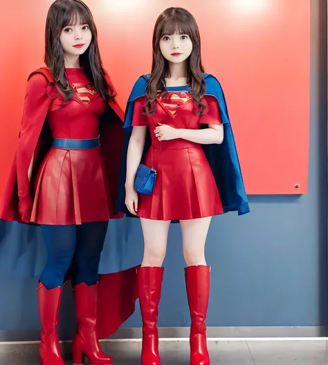 Wearing a Supergirl costume、Red Boots、Red Cape、Red Skirt、Standing posture、Black Hair、Blue clothes
