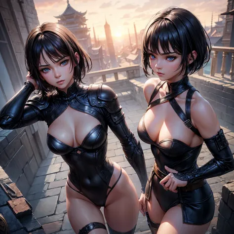 a woman, 1girl, short bob black hair, small breasts, blue sky eyes!!!, fait skin, blank face, sexy tight black ninja outfit, bare arm, bare leg, rooftop course, medieval japanese town, very sexy body, detailed face, beautiful detailed eyes, beautiful detai...