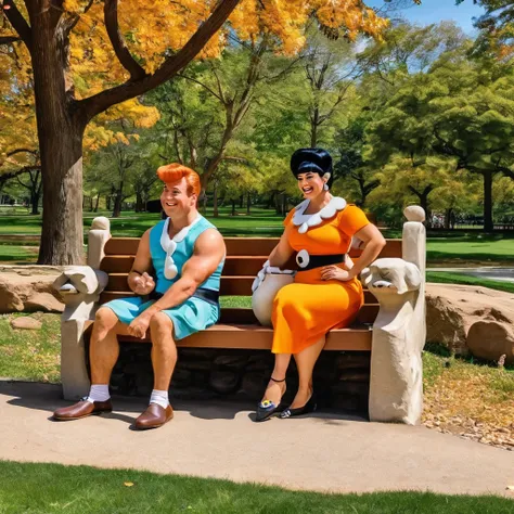 Fred and Wilma Flintstone sitting on a stone bench in the park