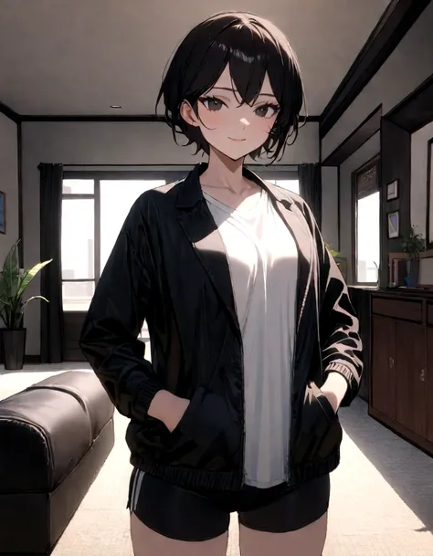 1 girl, tomboy, slim, beautiful, tall, attractive, ((short black hair))((black hair)), ((black eyes)), ((Girl wears: ((white shirt)), ((black jacket)), ((black gym short)))), ((living room)), looking at viewer, smiling warmly, hands in pocket, 8k, masterpi...