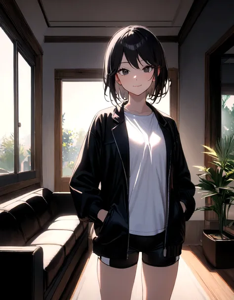 1 girl, tomboy, slim, beautiful, tall, attractive, ((short black hair))((black hair)), ((black eyes)), ((Girl wears: ((white shirt)), ((black jacket)), ((black gym short)))), ((living room)), looking at viewer, smiling warmly, hands in pocket, 8k, masterpi...