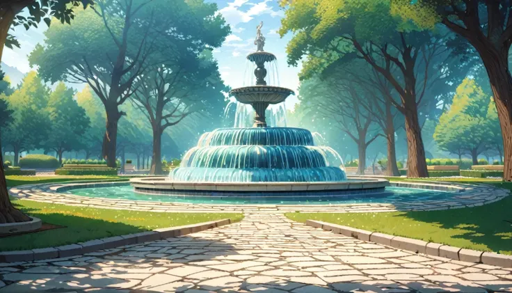  summer heat, anime aestetics, noon, park full of trees, big fountain in the center, greek style fountain, little rainbows, green and blue colors, perfect shadows, beauty of nature, stone roads, wide shot, atmospheric perspective, perspective, 4K, 8k, best...