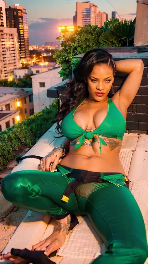 (masterpiece), (best quality), (solo, 1girl), (photorealistic1.4), (epiCRealLife), (large breasts), (Cleavage), (Young woman), (photorealistic), GAME_laura_matsuda_aiwaifu-10 costume), (red lipstick), (Rihanna1 ), (Rihanna1 eyes), (green bikini ), (GAME_la...