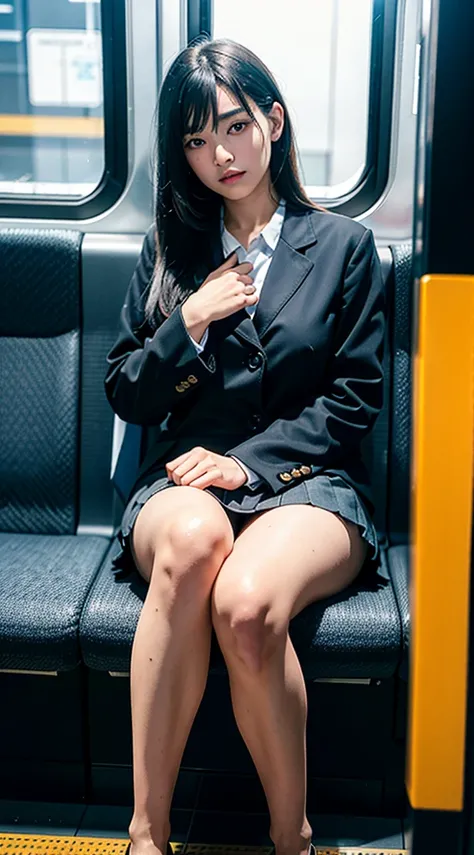 "(Masterpiece, High Definition, Ultra High Definition, 4K) Black hair, 14 years old Japan girl, uniform skirt, emphasizing thighs, white thighs, soft thighs, glossy thighs, sitting on the train, face-to-face angle, (angle from below),sitting in the train s...