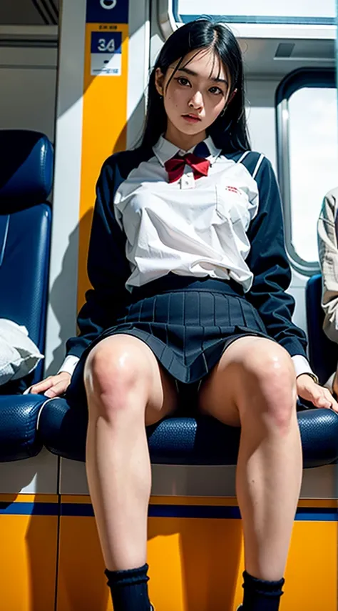 "(Masterpiece, High Definition, Ultra High Definition, 4K) Black hair, 14 years old Japan girl, uniform skirt, emphasizing thighs, white thighs, soft thighs, glossy thighs, sitting on the train, face-to-face angle, (angle from below),sitting in the train s...