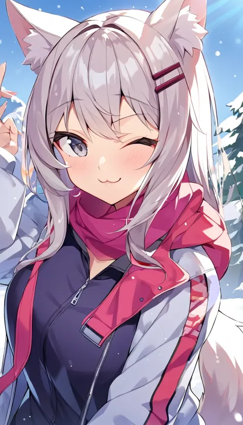 1girl, animal ears, grey eyes, hairclip, long hair, jacket, white hair, wolf ears, outdoors, snow, tail, large breasts, upper body, smug, :3, one eye closed, waving,