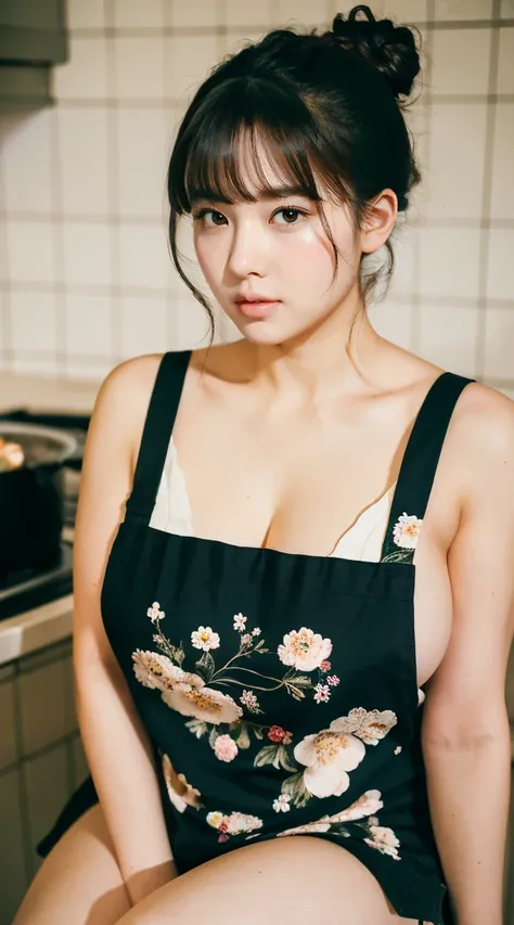 (Masterpiece,High Quality:1.3),(depth of field:1.3) ,((front body:1.35)),  Japanese ,middle-aged woman, Naked apron,Floral apron,Messy bun hair,Curly hair、black hair, Futomo, cooking in the kitchen, big breasts, double thick thighs, ((huge thighs)), ((sitt...