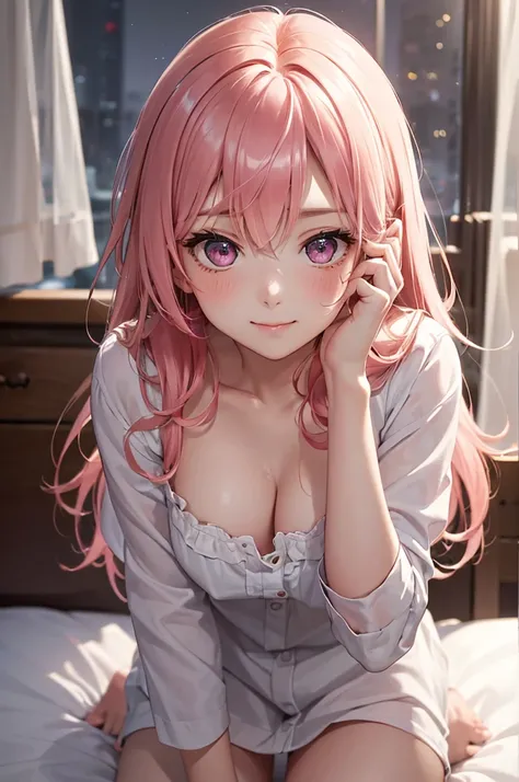 (Best Quality,High resolution,8K,finelity detailed background,Masterpiece:1.2),beautiful girl,Shiny pink hair,messy hair,Pink eyes,Gentle look,A refreshing look,Best quality,Best Quality,Aesthetic and aesthetic:1.2,Best details((Super detailed))(High-defin...