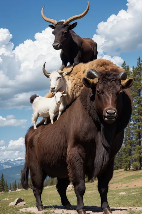 An ox on top of a goat and a bear .