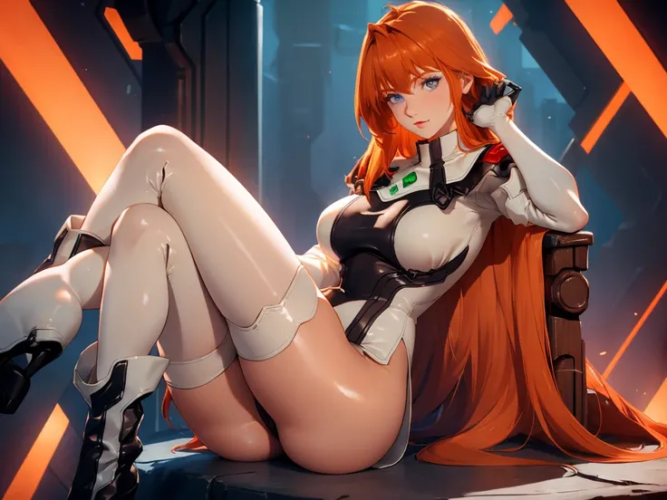 Elhaym von Houten, Uniform, Posing, Massive Breasts stretch the fabric of her uniform. Orange Hair, beautiful redhead hair. Gloves. Stockings. Pantyhose. Boots. Elhaym van Houten. (tight ass) (massive breasts) spaceship, windows, cowboy shot, uhd, 8k,  bes...