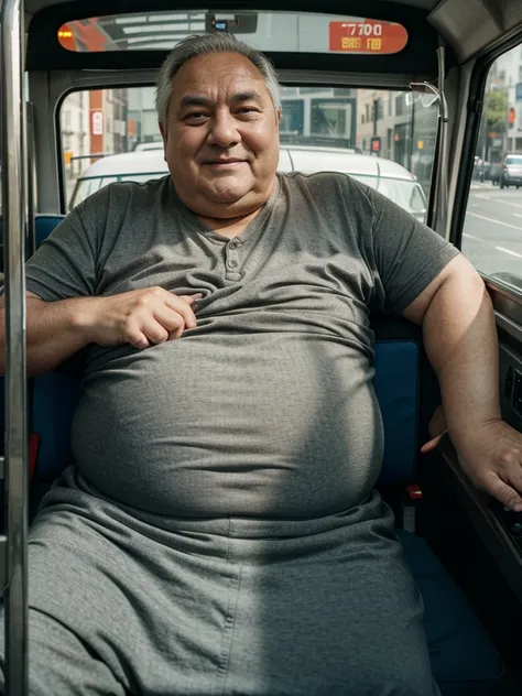 Fat older man in his 70s driving a bus