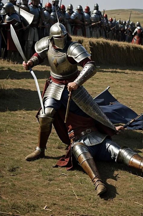 A medieval warrior leaned over the battlefield after a battle