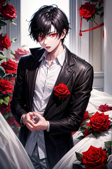 1 boy, black hair, high, pale skin, Red eyes, rose in mouth