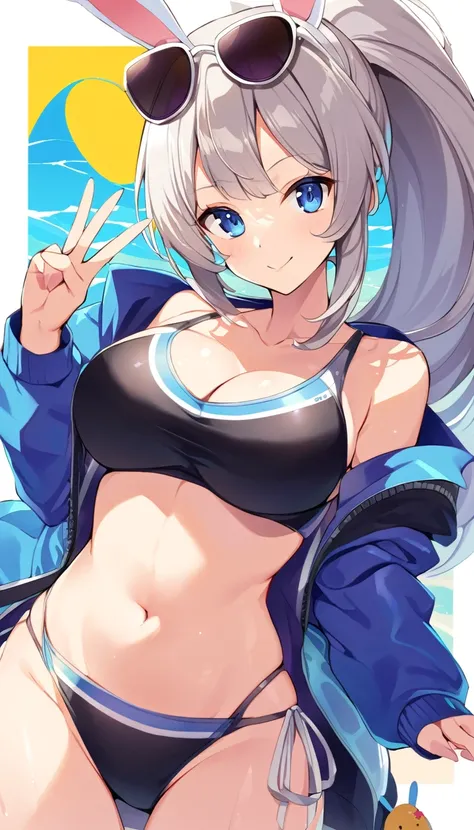 a cartoon girl with big bunny ears wearing swimwear giving the peace sign, 1girl, breasts, blue eyes, solo, animal ears, navel, v, large breasts, eyewear on head, ponytail, grey hair, jacket