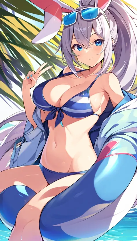 a cartoon girl with big bunny ears wearing swimwear giving the peace sign, 1girl, breasts, blue eyes, solo, animal ears, navel, v, large breasts, eyewear on head, ponytail, grey hair, jacket