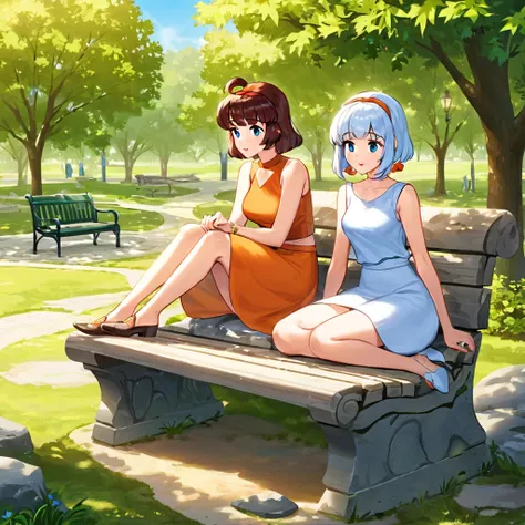 Fred and Wilma Flintstone sitting on a stone bench in the park