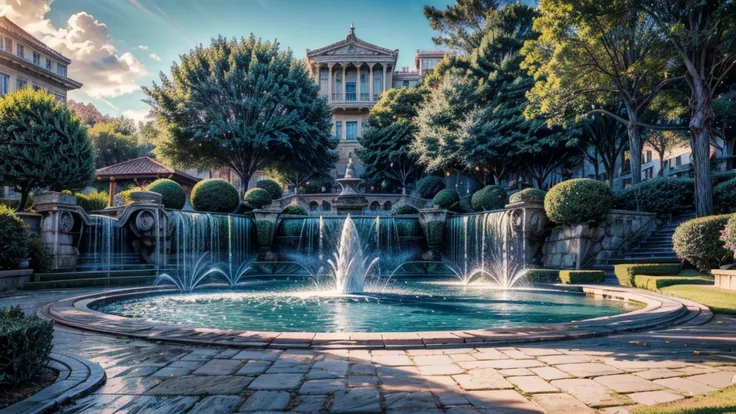  summer heat, anime aestetics, noon, park full of trees, big fountain in the center, greek style fountain, little rainbows, water drops in the air, calm summer days, green and blue colors, perfect shadows, beauty of nature, stone roads, wide shot, atmosphe...