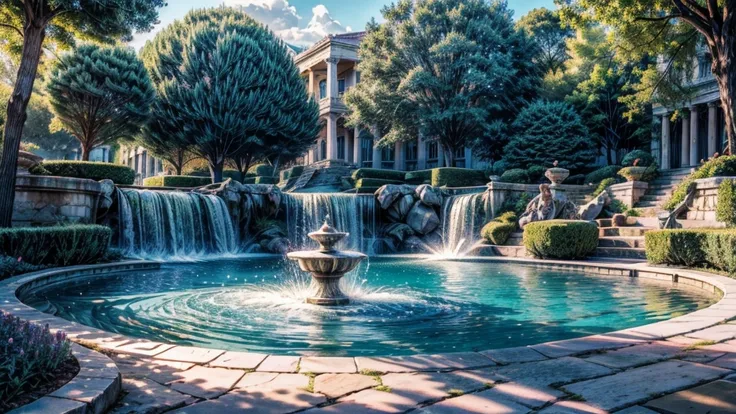  summer heat, anime aestetics, noon, park full of trees, big fountain in the center, greek style fountain, little rainbows, water drops in the air, calm summer days, green and blue colors, perfect shadows, beauty of nature, stone roads, wide shot, atmosphe...