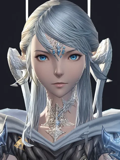 Silari Sark is an Au Ra of moderately tall stature, with light skin that has pearly reflections and decorative scales in silver tones that adorn its face and body. Its horns are elegant and curved, ivory color with golden sparkles, adding an air of nobilit...