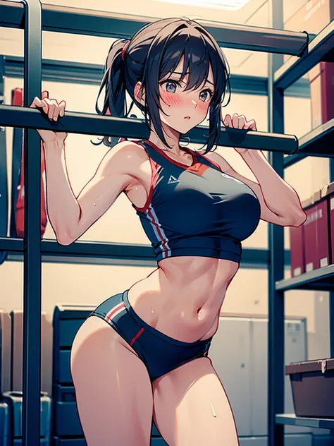 An exhibitionist woman takes off her jersey in the gym storage room, blush