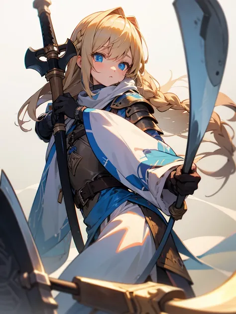 Anime Girl, Big Axe, Blue eye [Blond hair, braid] [Nordic, Brown armor decorated with fur] Blue Scarf