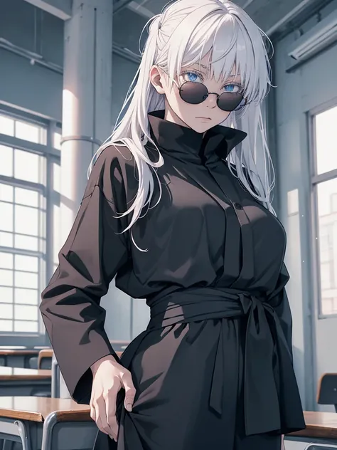 Woman, famale version, female, jujutsu kaisen, solo, alone, white hair, bangs, long hair, white eyebrows, white eyelashes, light blue eyes, wearing round sunglasses, wearing black shirt, black sleeves, black clothing, in classroom, school, high quality, 4k...