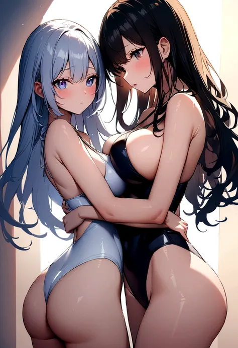 Two women embracing each other with their large breasts pressed together、High leg、Swimwear、high quality、fine、Beautiful Eyes、4K、Small Ass、Long Hair