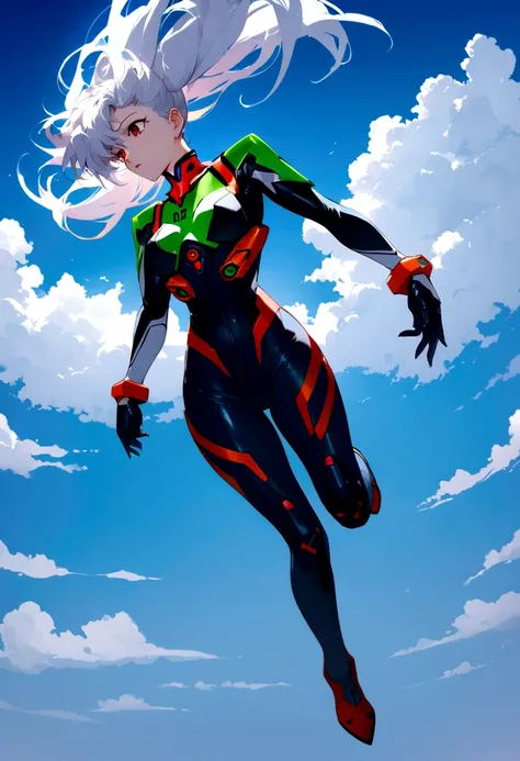 cyberpunk girl. wearing a mecha-style suit. floating in the air, the background should show a sky with clouds. evangelion. rei ayanami