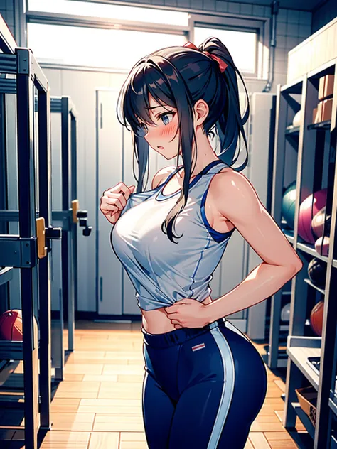 an exhibitionist woman takes off her jersey in the gym storage room, blush