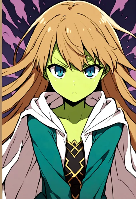 anime teen girl, with gelatinous green skin, Hansel eyes and hair between green and blue, with clothes