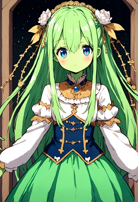 anime teen girl, with gelatinous green skin, Hansel eyes and hair between green and blue, with clothes