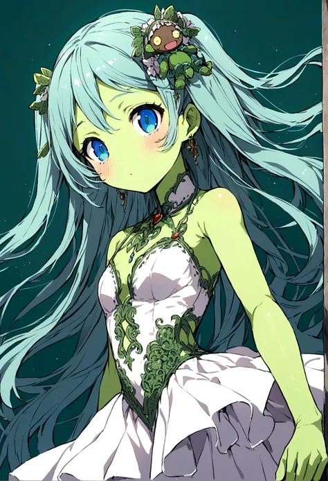 anime teen girl, with gelatinous green skin, Hansel eyes and hair between green and blue, with clothes