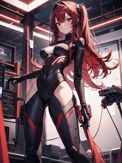 1girl, long red hair, robotic female connected to super computer, android, half robot, visible metal spine, red tubes, red cables, evil computer base, absurdres, high res, ultrasharp, 8K, masterpiece, high details ,standing ,big ass , metalic black  covers...