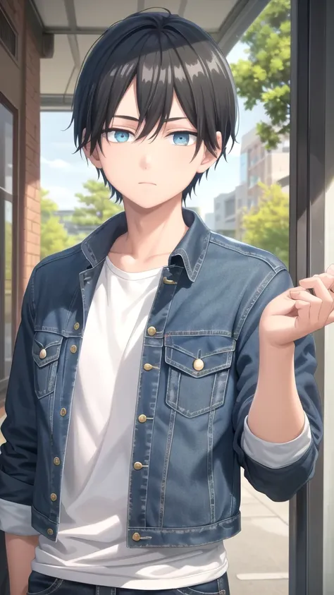 masterpiece, best quality, high quality, 1boy, solo, 14-year-old boy,male focus, looking at viewer , black hair, old-school swoop haircut,upper body ,blue jean jacket, emerald eyes,