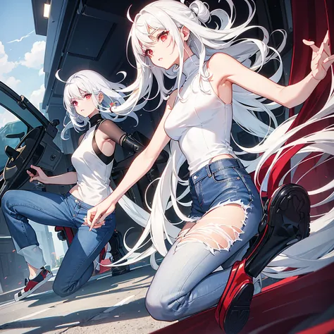 White hair , dark red eyes,a sleeveless turtleneck shirt a bright blue converse jean pants,her hair is down,