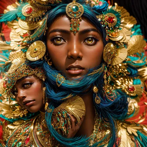 a woman with a colorful headdress and feathers on her head, stunning african princess, black african princess, dark skin female goddess of love, gorgeous  woman, Dona africana, Queen African, Afrofuturist, Afrofuturist, arte linda, foto de uma black female...